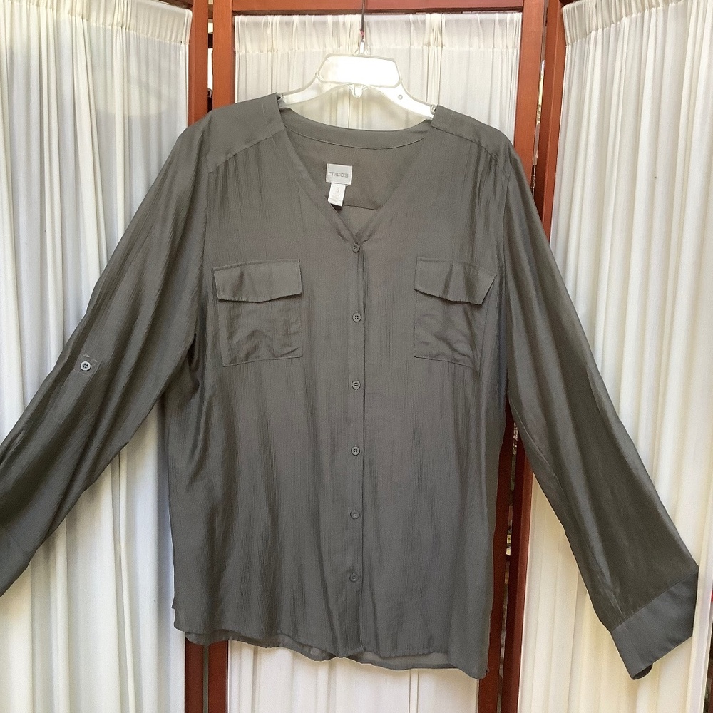 Chico’s Button Down Henley Tunic Top Pale Khaki Size XL